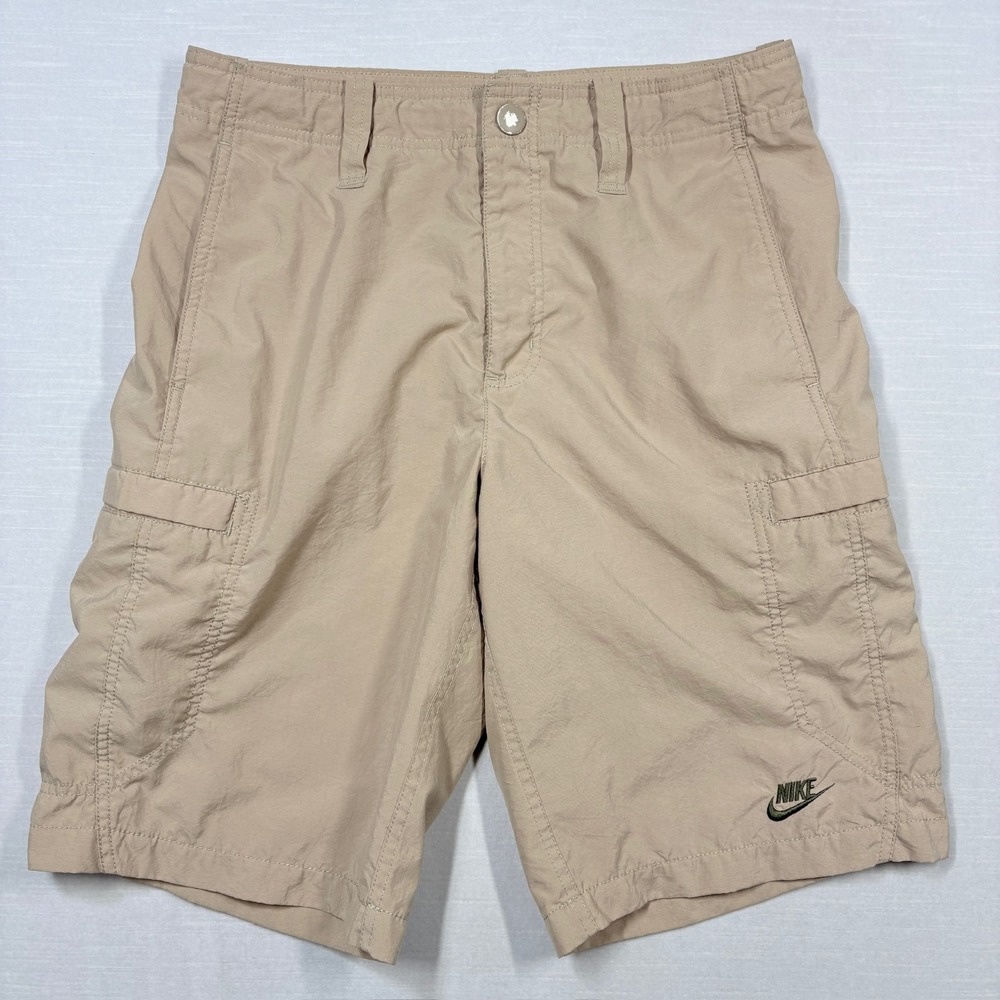 Vintage Nike Cargo Shorts Mens Medium Tan Spell Out Logo Gray‎ Tag Y2K